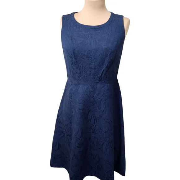 TALBOTS Navy Blue Jacquard Fit & Flare Sleeveless Dress - Size 4 - Picture 3 of 13
